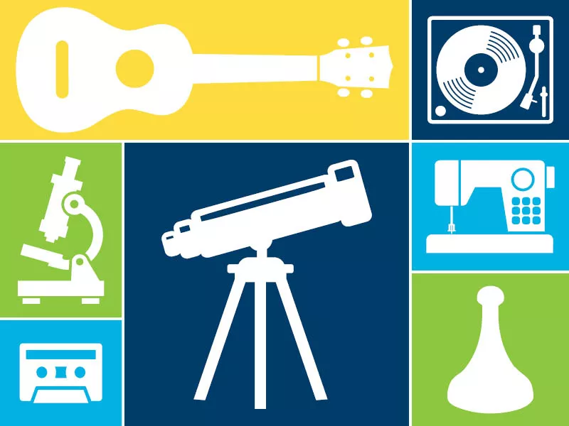 Several items: guitar, telescope, game piece, cassette, sewing machine, record player, microscope in white on a multicolored background